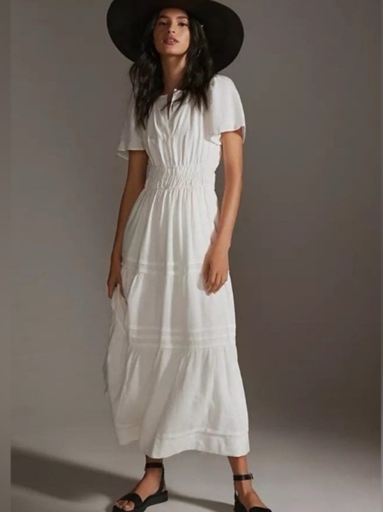 Anthropologie Dresses & Skirts - Anthropologie Somerset Maxi Dress Tiered Smocked Split Neck Linen White Size Xs